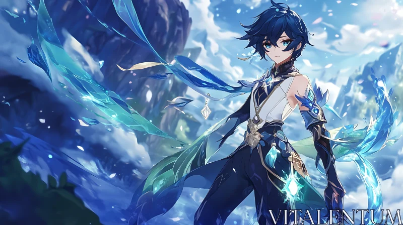 Fantasy Anime Art with Blue-Haired Character AI Image