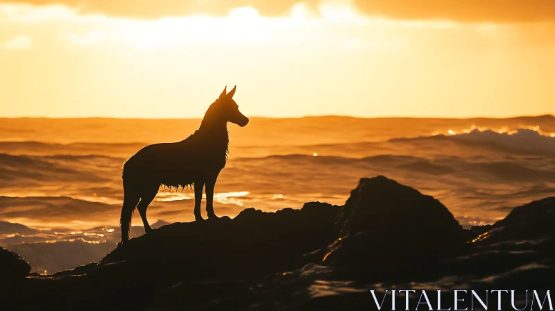 Majestic Dog Silhouette Overlooking the Ocean at Sunset AI Image