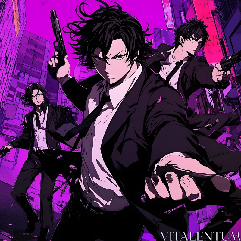 Anime Scene with Armed Characters in Suits AI Image