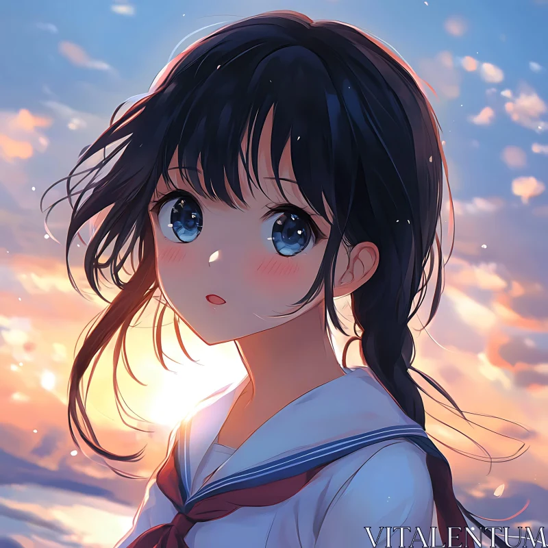 Serene Anime Girl Gazing at Sunset AI Image