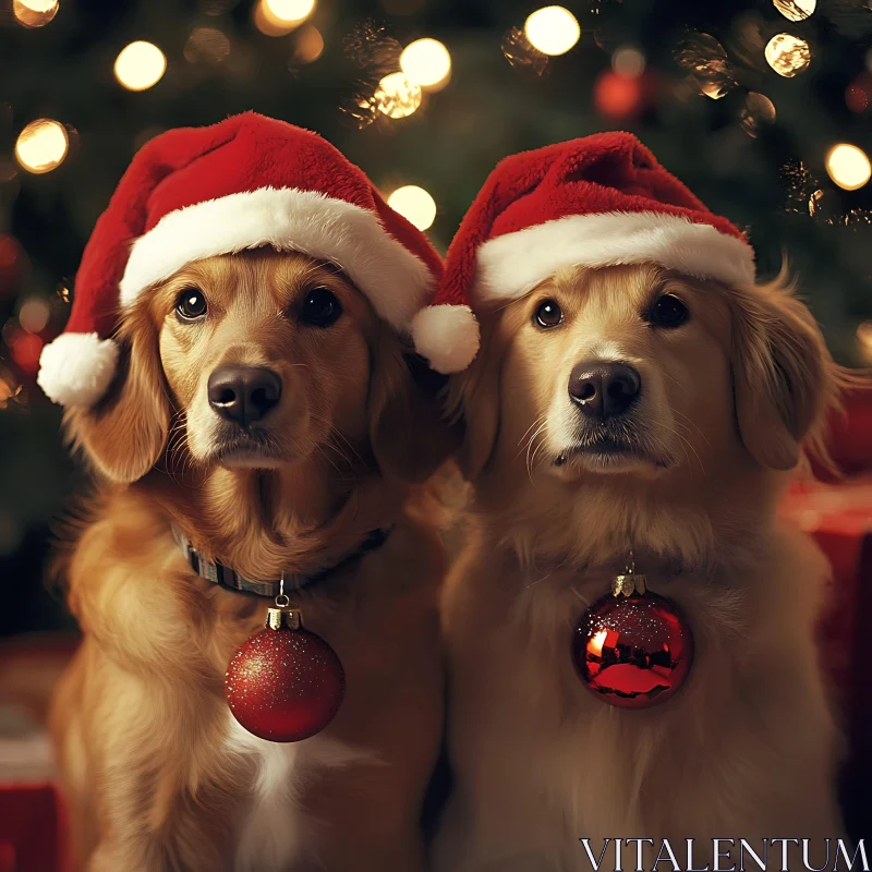 Festive Golden Retrievers with Christmas Ornaments AI Image