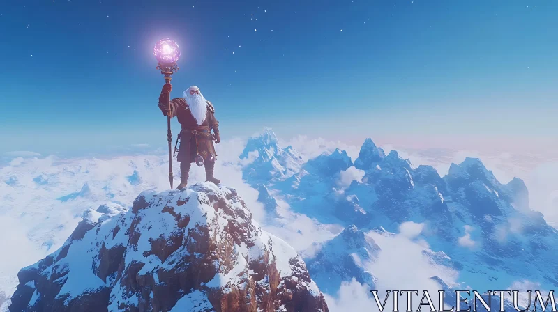 Snowy Mountain Wizard Holding Staff AI Image