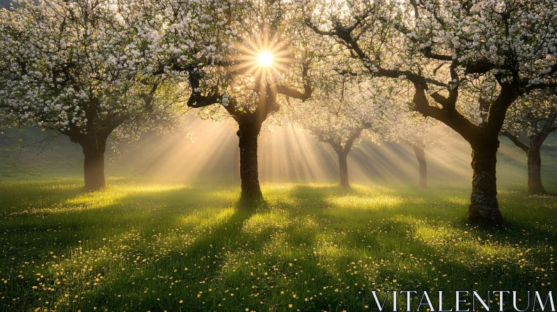 AI ART Sunlit Blossoming Trees in a Morning Meadow