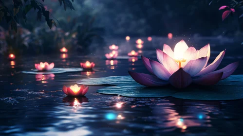 Illuminated Lotus Blossoms at Night