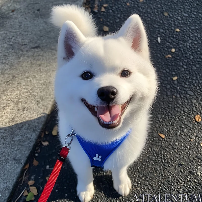 Happy Fluffy White Dog on a Walk AI Image