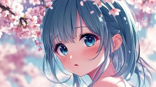 Blue-Haired Anime Girl with Cherry Blossoms