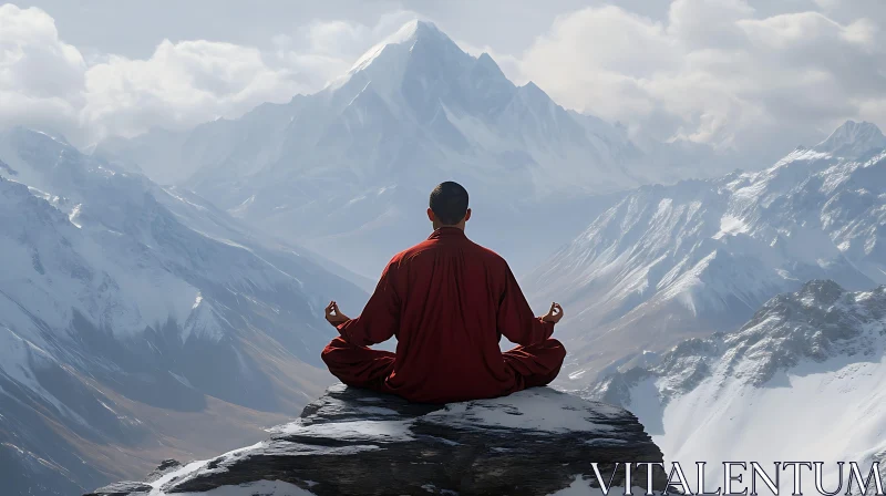 Zen Meditation Atop Snowy Mountain Peak AI Image