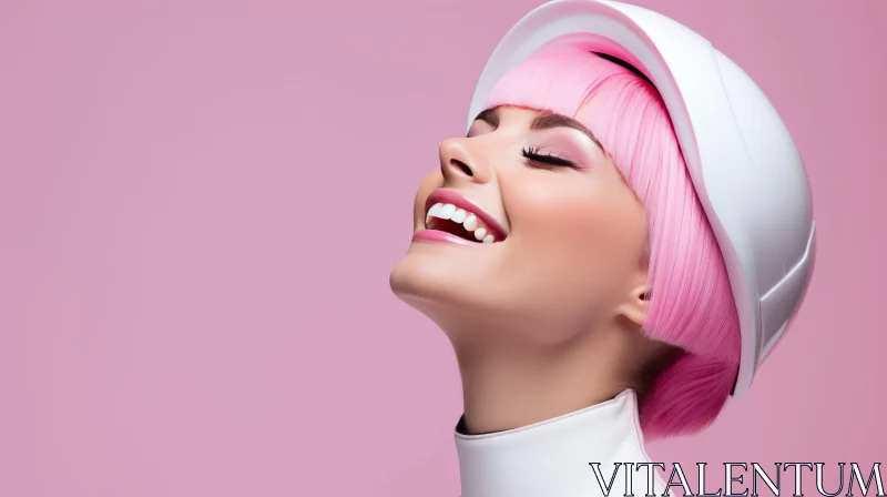 Fashionable Portrait: Pink-haired Woman Laughing AI Image