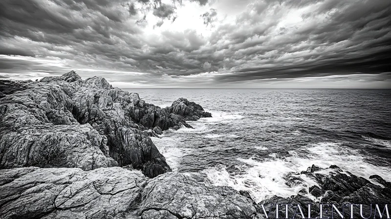 AI ART Dramatic Ocean View with Rocks and Clouds