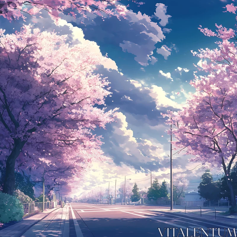 AI ART Cherry Blossom-Lined Street under a Stunning Sky