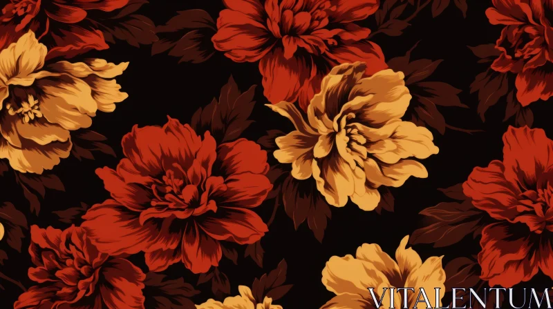 Vintage Floral Pattern: Red, Yellow and Brown Flowers on Dark Black AI Image