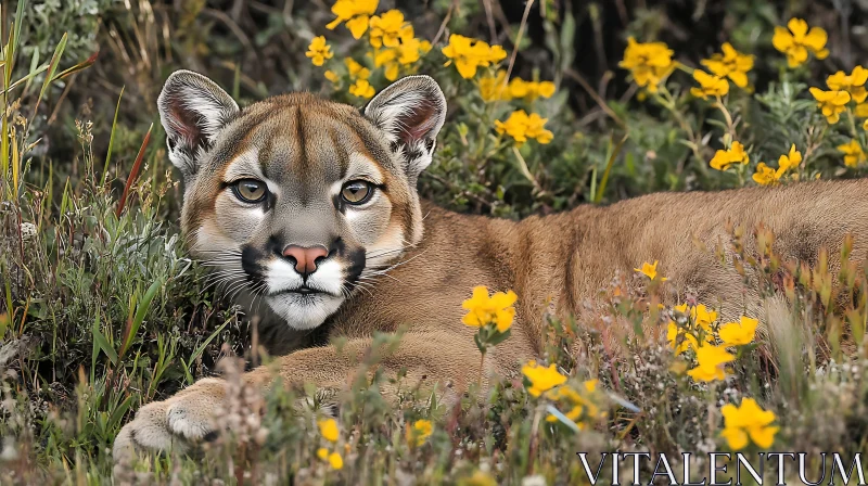 Cougar in a Field of Flowers AI Image