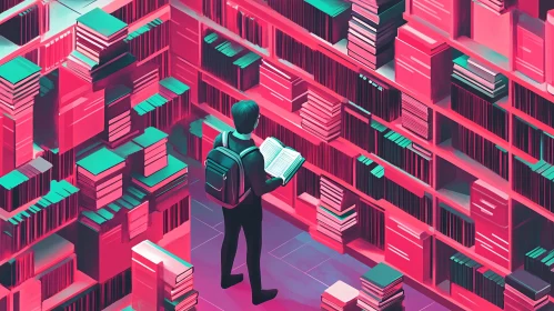 Person Reading in a Pink and Teal Library