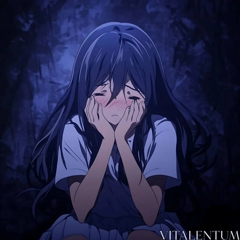 Melancholic Anime Girl in Dark Background AI Image