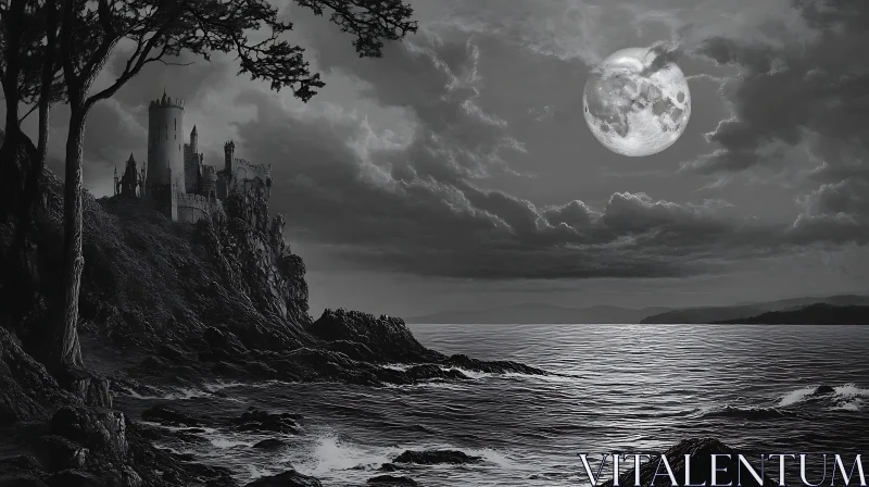 Moonlit Castle Seascape AI Image