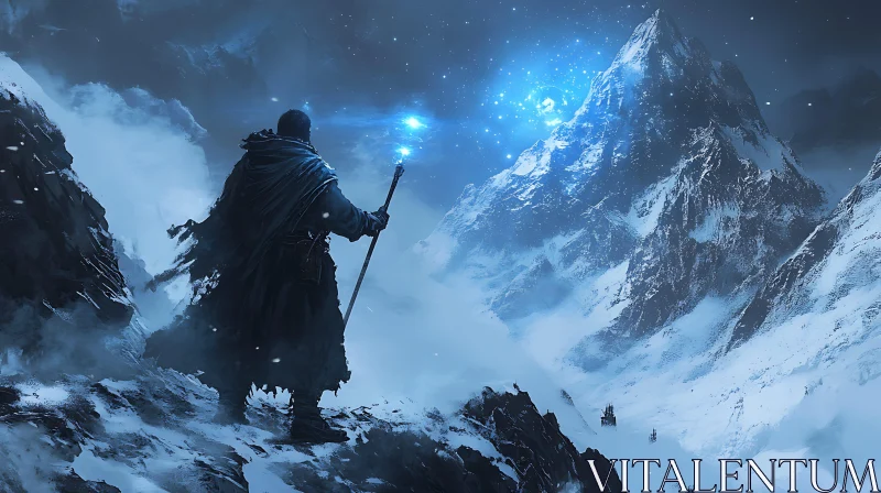 Wizard on Snowy Mountain Peak AI Image