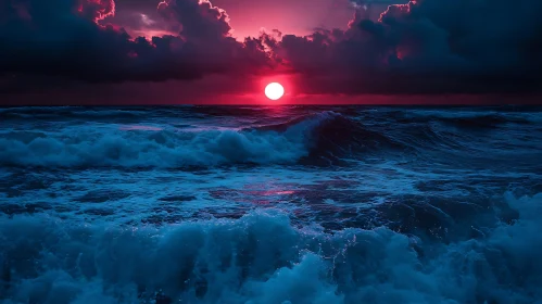 Ocean Waves Under Crimson Sunset