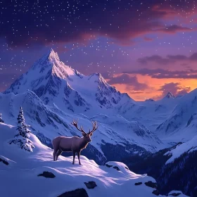 Winter Scene with Deer and Mountains