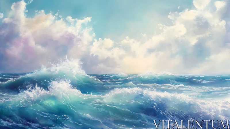 Seascape with Rolling Waves and Clouds AI Image