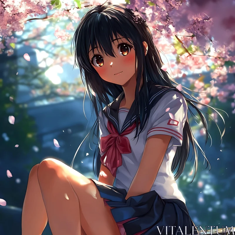 Serene Anime Scene with Blossoms AI Image