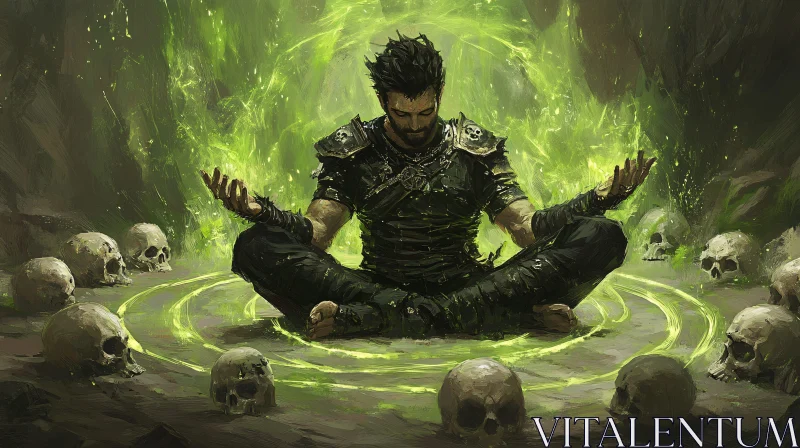 Enchanting Wizard Meditating with Skulls AI Image