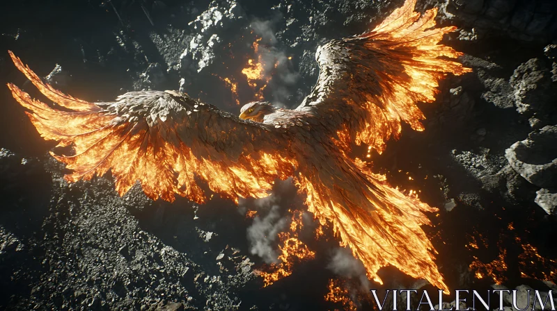 AI ART Fiery Phoenix in Flight, Stone Background