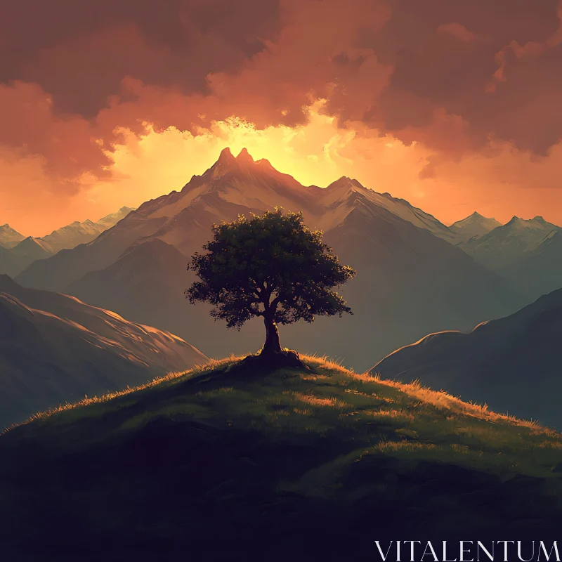 Sunset Tree on Hill AI Image