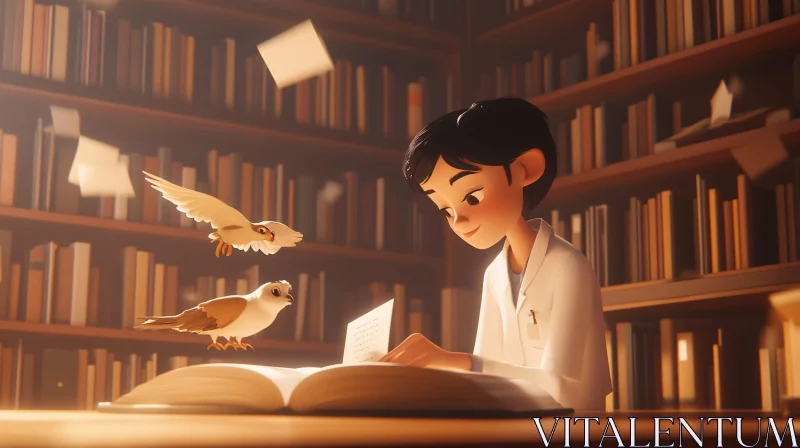 AI ART Cartoon Boy in Library with Birds