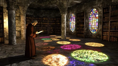 Ancient Library with Colorful Light