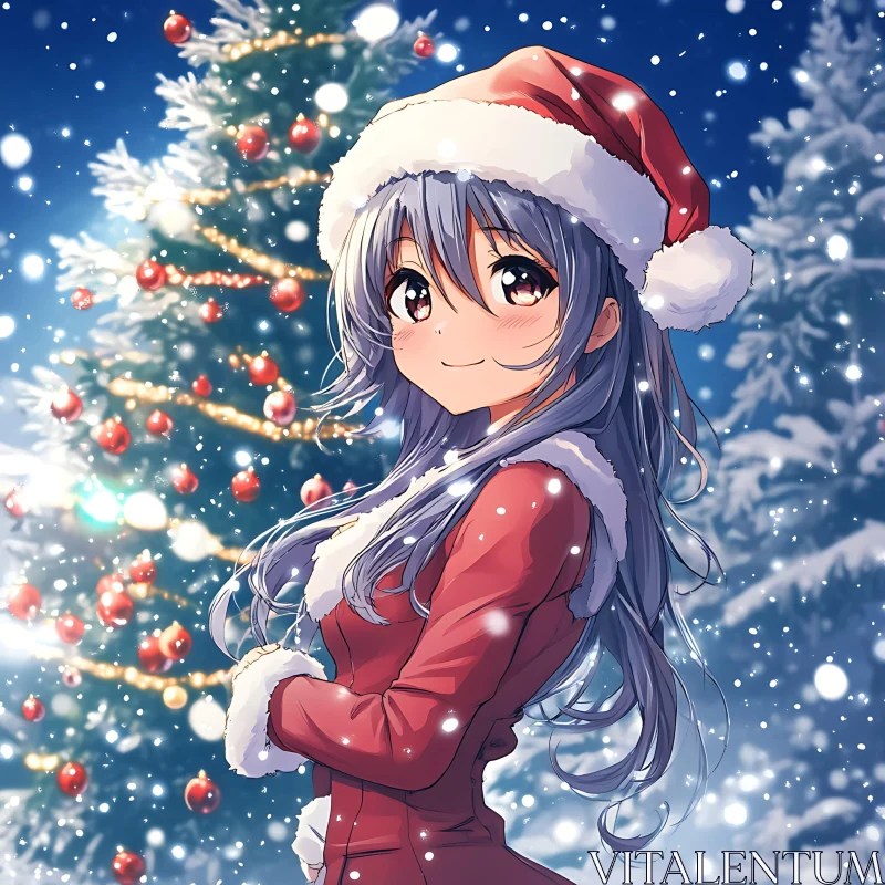 Festive Anime Girl with Christmas Tree AI Image