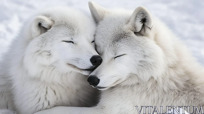 Two White Wolves Cuddling Peacefully AI Image