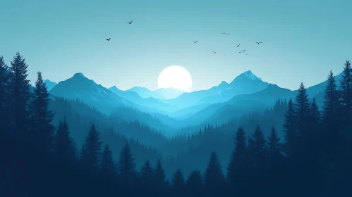 Blue Toned Mountain and Forest Scenery