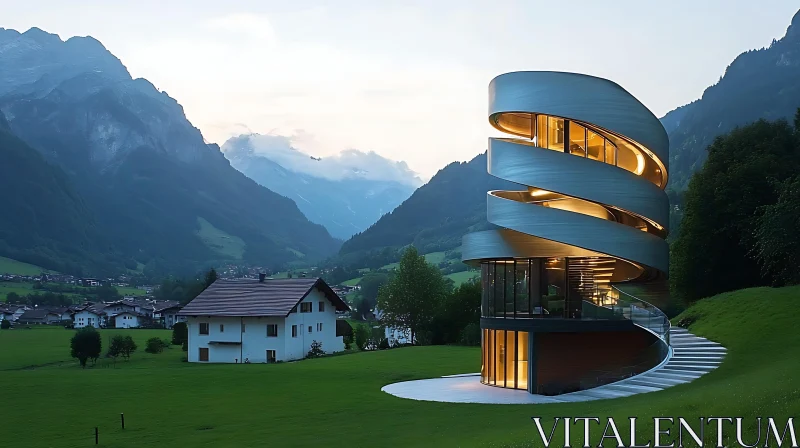 Contemporary Spiral Building in Picturesque Mountain Landscape AI Image