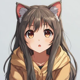 Cute Anime Girl Cat Ears Yellow Hoodie