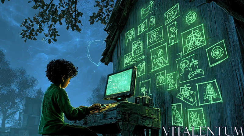 Child Coding at Night AI Image