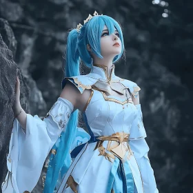 Fantasy Cosplay with Blue Hair and Gold Accented Dress