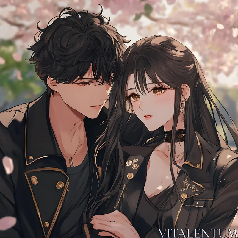 Blossoming Love: Anime Couple Illustration AI Image