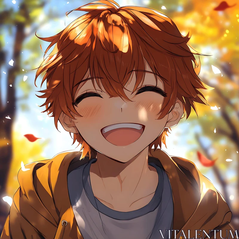 Anime Character with Bright Smile in Fall AI Image