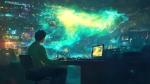 Man at Desk with Neon City View