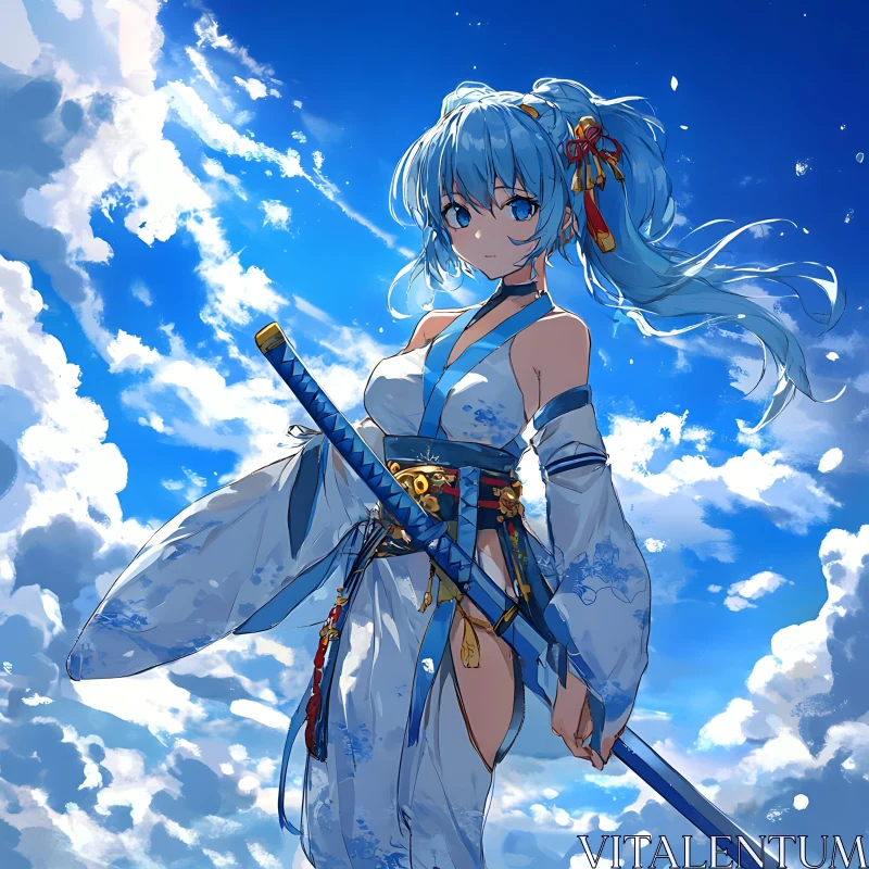 Anime Samurai Girl with Blue Sky and Clouds AI Image