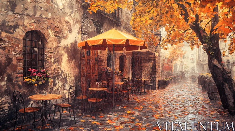 AI ART Rustic Café Scene with Autumn Leaves and Cobblestone Street