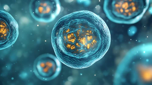 Microscopic Cells in Blue and Orange
