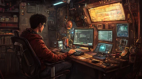 Coder immersed in digital world