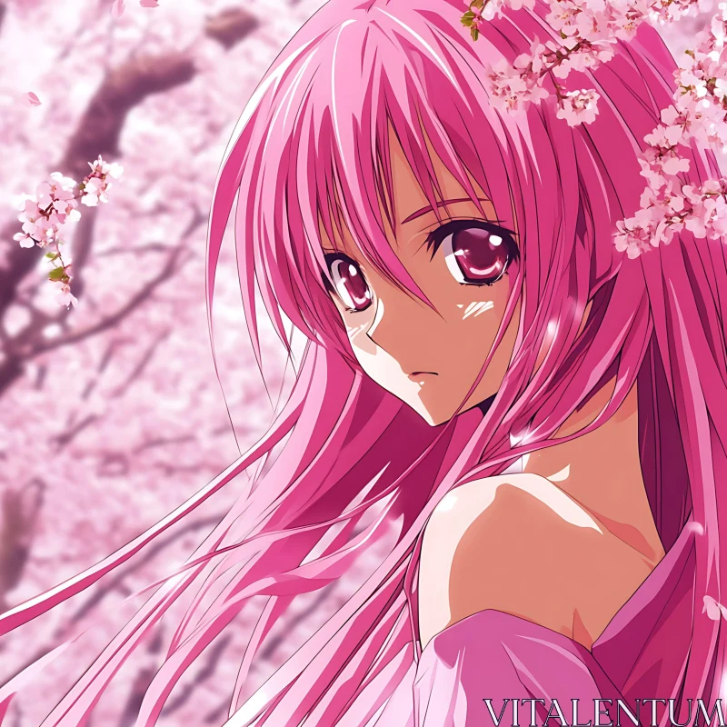 Cherry Blossom Anime Girl - Pink-Hair Portrait AI Image