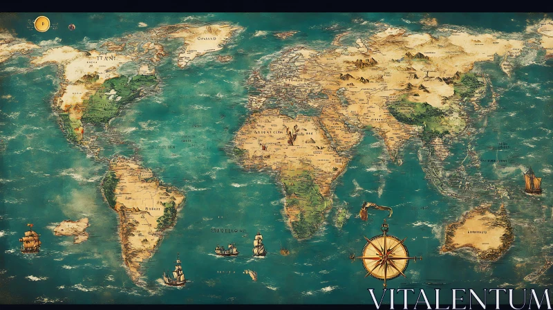 AI ART Old World Map with Compass and Ships