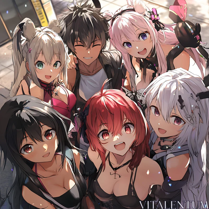 Joyful Anime Friends on a Sunny Street AI Image