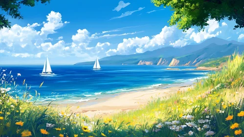 Tranquil Ocean View with Sailboats