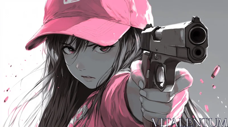 AI ART Girl with Gun Illustration | Pink Cap Anime Art