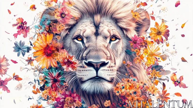 Lion with Flowers - Artistic Animal Portrait AI Image