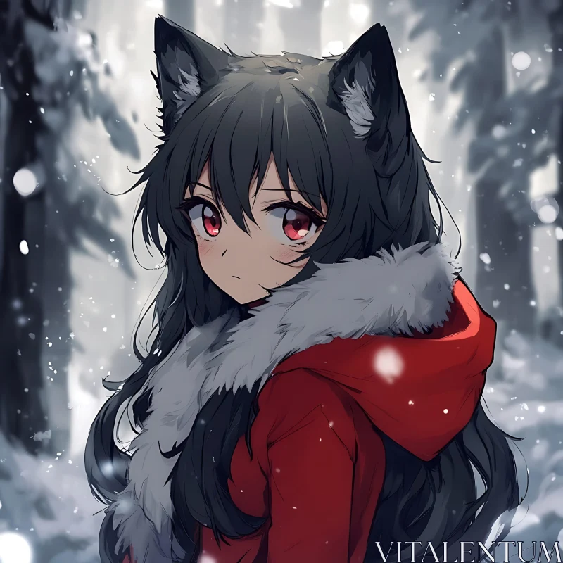 AI ART Winter Anime Girl with Fox Ears in Snow-Covered Woods